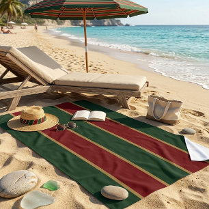 Classic Christmas Green And Red With Gold Trim Beach Towel