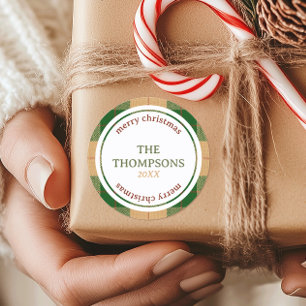 Classic Christmas Green & Beige Plaid Family Name Round Sticker