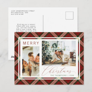 Classic Christmas Green Gingham Plaid Two Photo Holiday Postcard