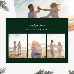 classic christmas green merriest 3 photo collage holiday card