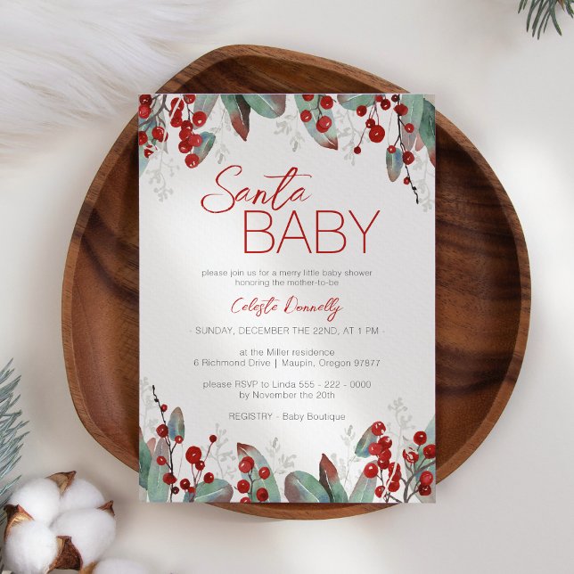Classic Christmas Greenery Santa Baby Shower Invitation (Creator Uploaded)