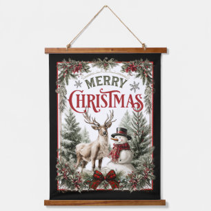 Classic Christmas Greeting – Snowman and Reindeer Hanging Tapestry