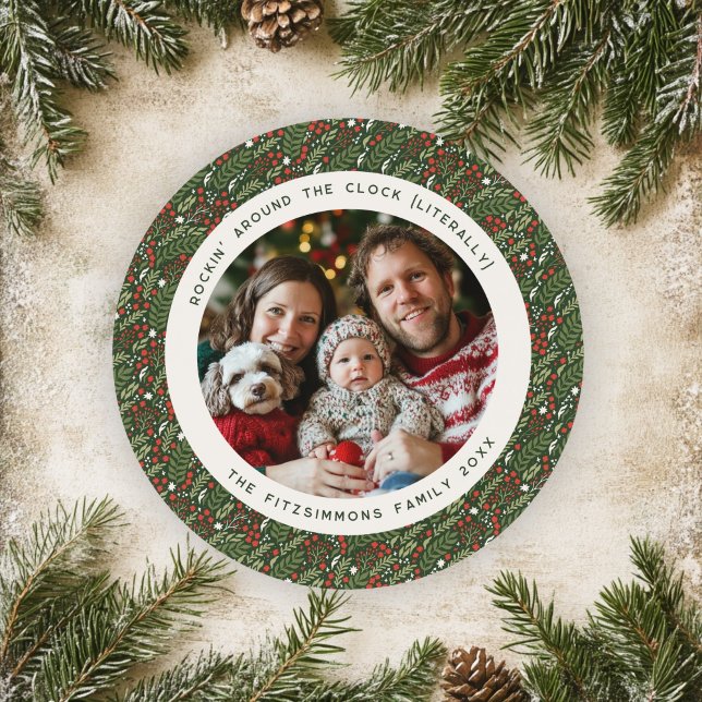 Classic Christmas Holly Leaf Holiday Card (Holly Leaf Christmas circle photo card)