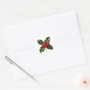 Classic Christmas Holly Leaves with Red Berries Il Round Sticker