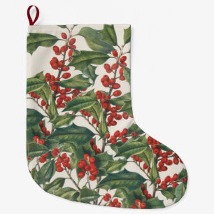 Classic Christmas Holly with Red Berries Art Large Christmas Stocking