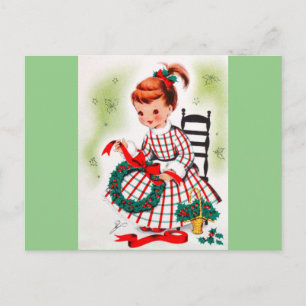 Classic Christmas Little Girl With Wreath Ribbons Holiday Postcard