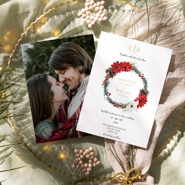 Classic Christmas Modern Monogram Photo Wedding Invitation (Creator Uploaded)