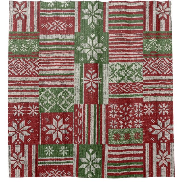 Classic Christmas Patchwork Knit -Red, Green (2) Shower Curtain (Front)