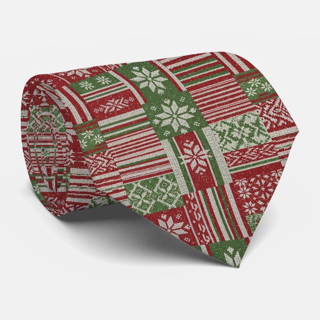 Classic Christmas Patchwork Knit -Red, Green (2) Tie (Rolled)