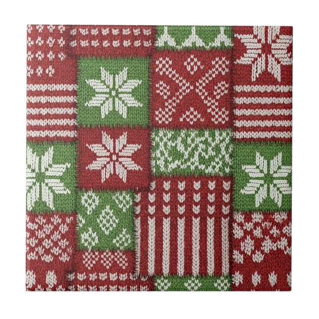 Classic Christmas Patchwork Knit -Red, Green Tile (Front)