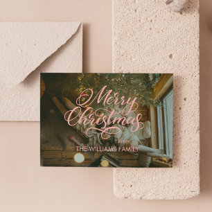 Classic Christmas Photo Floral Green & Pink Holiday Card