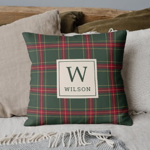 Classic Christmas Plaid Family Name Monogram Cushion