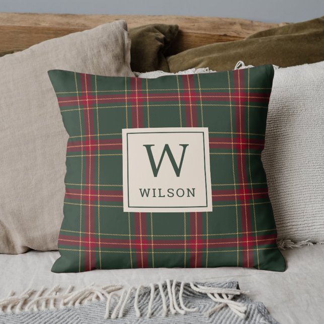 Classic Christmas Plaid Family Name Monogram Cushion (Creator Uploaded)