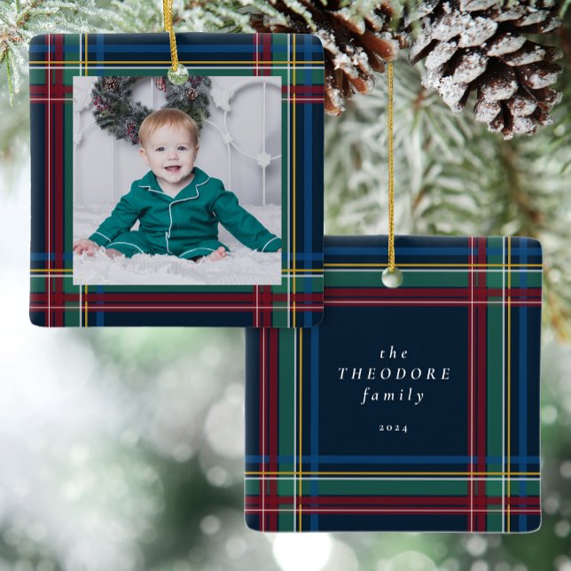 Classic Christmas plaid one photo holiday Ceramic Ornament (Creator Uploaded)