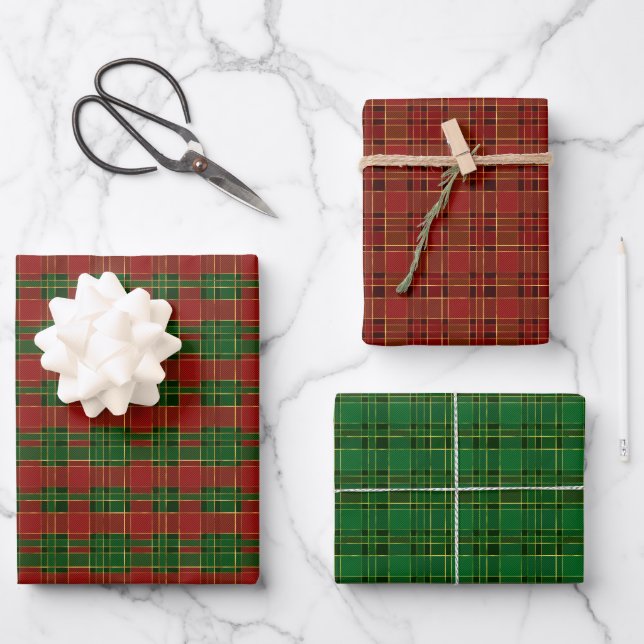 Classic Christmas Plaid Red Green Gold Wrapping Paper Sheet (Front)