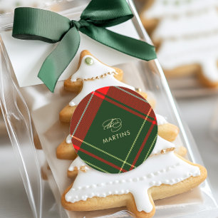 Classic Christmas Plaid with Name Holiday  Round Sticker