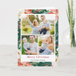 Classic Christmas Poinsettia Floral Family 3 Photo Holiday Card