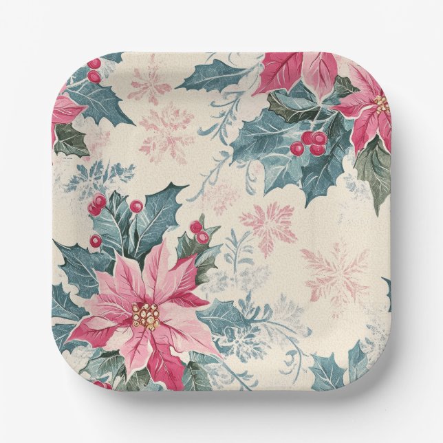 Classic Christmas Poinsettia Flowers Paper Plate (Front)