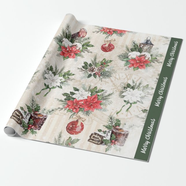 Classic Christmas red and white poinsettia cotton Wrapping Paper (Unrolled)