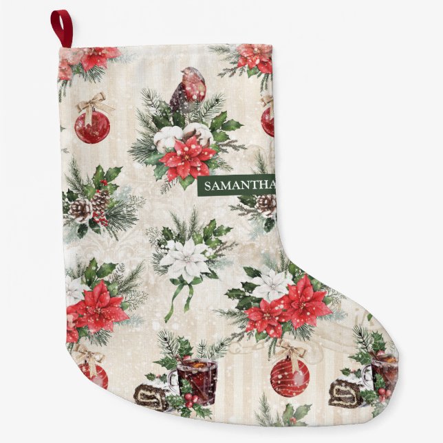  Classic Christmas red and white poinsettia flower Large Christmas Stocking (Front)