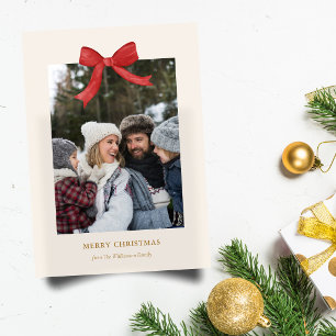Classic Christmas Red Bow Two Family Photo Elegant Holiday Card