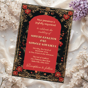 Classic Christmas Red Chinoiserie Floral Wedding  Invitation