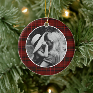 Classic Christmas Red Plaid Photo Ceramic Tree Decoration