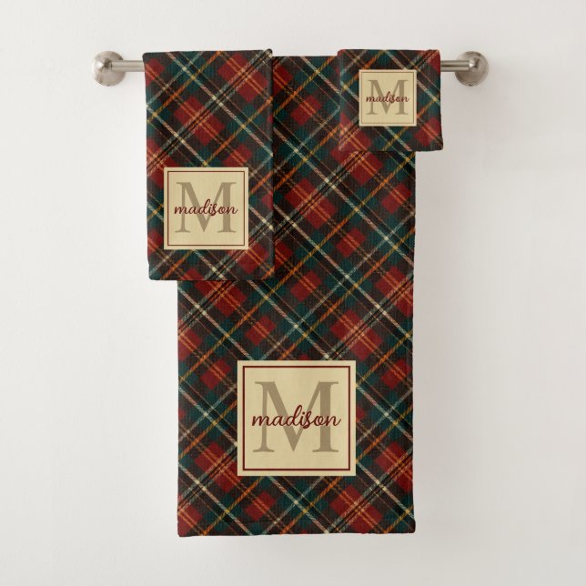 Classic Christmas Red Tartan Plaid Monogram Name Bath Towel Set (Insitu)