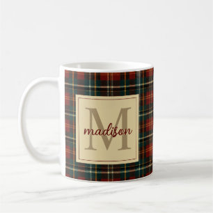 Classic Christmas Red Tartan Plaid Monogram Name Coffee Mug
