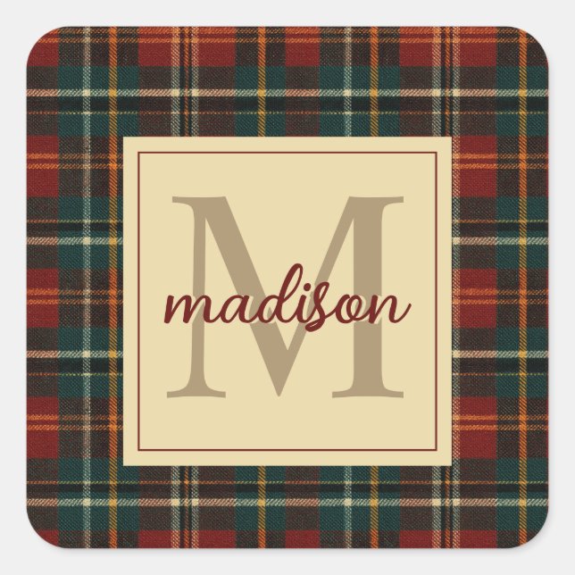 Classic Christmas Red Tartan Plaid Monogram Name Square Sticker (Front)