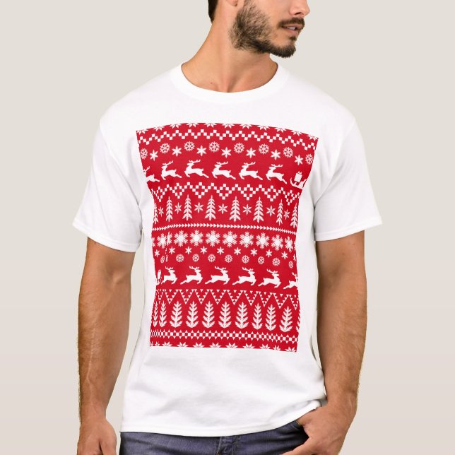 Classic Christmas: Red White Winter Pattern T-Shirt (Front)