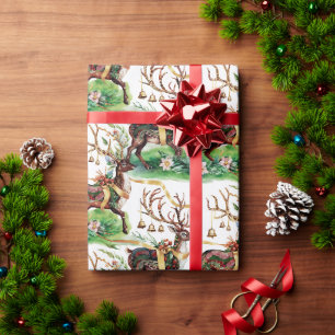 Classic Christmas Reindeer & Gold Bells Wrapping Paper