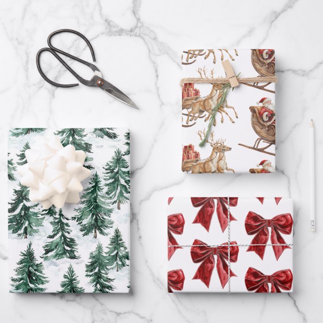 Classic Christmas Santa Sleigh Trees Red Bows Wrapping Paper Sheet (Front)