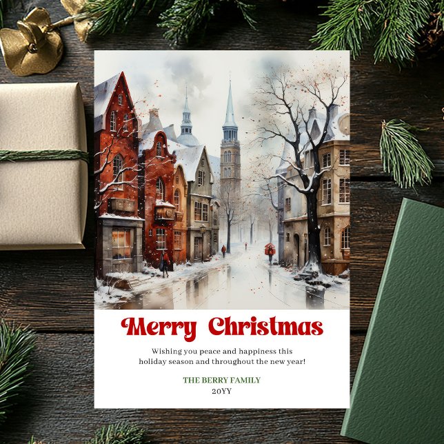 Classic Christmas scene card watercolor red green  (Classic Christmas scene card watercolor red green holiday joy

)