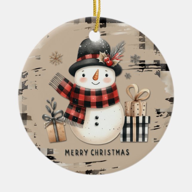 Classic Christmas snowman on a warm plaid ornament (Front)