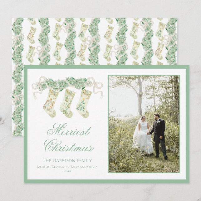 Classic Christmas Stockings Garland Vintage Photo Holiday Card (Front/Back)