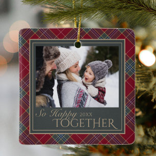 Classic Christmas Tartan Plaid Photo Ceramic Ornament