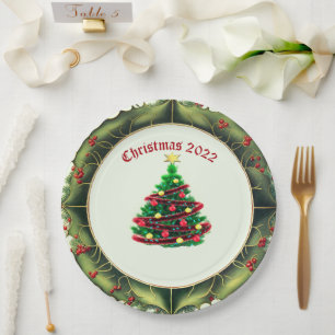 Classic Christmas Tree and Holly  Paper Plate