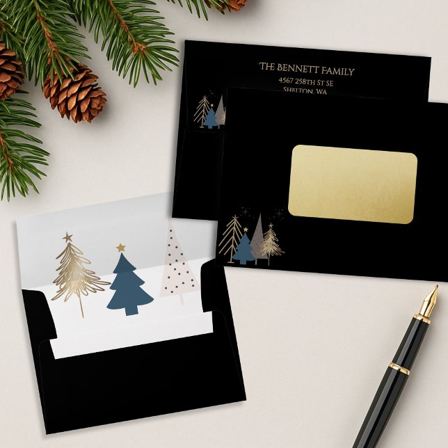 Classic Christmas Tree Black Faux Gold Christmas  Envelope (Creator Uploaded)