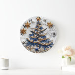 Classic Christmas Tree Festive Christmas Design Large Clock<br><div class="desc">A beautifully crafted clock features an elaborate Christmas tree design adorned with golden stars and shimmering snowflakes.</div>