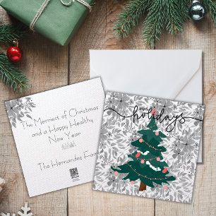 Classic Christmas Tree & Monochrome Florals Linen Holiday Card