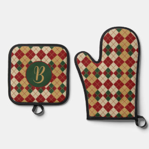 Classic, Christmas/winter argyle patterned Oven Mitt & Pot Holder Set