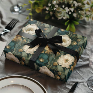 Classic Christmas Winter Green and White Floral Wrapping Paper Sheet