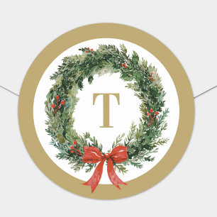 Classic Christmas Wreath Gold Monogram Initial Classic Round Sticker
