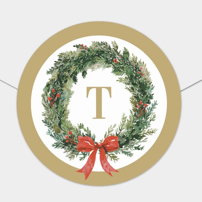 Classic Christmas Wreath Gold Monogram Initial Classic Round Sticker (Creator Uploaded)