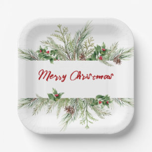 Classic Christmas Wreath Holiday Family Party Paper Plate