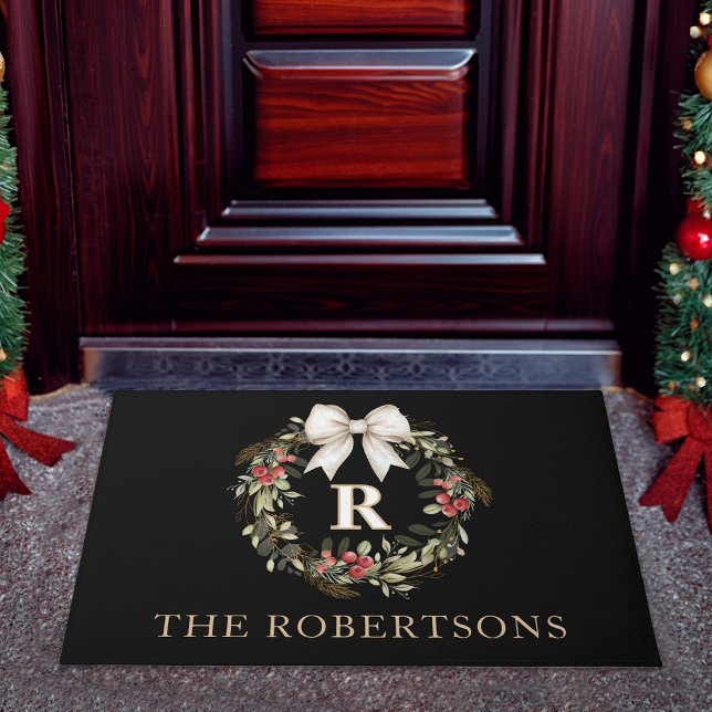 Classic Christmas Wreath Monogram Name Holiday Doormat (Creator Uploaded)