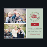 Classic Christmas Wreath Two Photos Personalised Postcard<br><div class="desc">Classic holiday card design with a winter flowers and berries wreath and two photos template on a elegant sage green background. Postcard reverse can be fully customised with a message and sender address. It's the perfect way to spread holiday cheer and create lasting memories for your loved ones. Photography ©...</div>