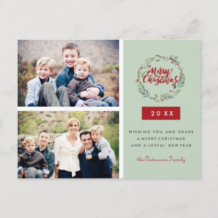 Classic Christmas Wreath Two Photos Personalised Postcard