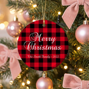 Classic Christmassy Red Buffalo Plaid Family Photo Ceramic Tree Decoration
